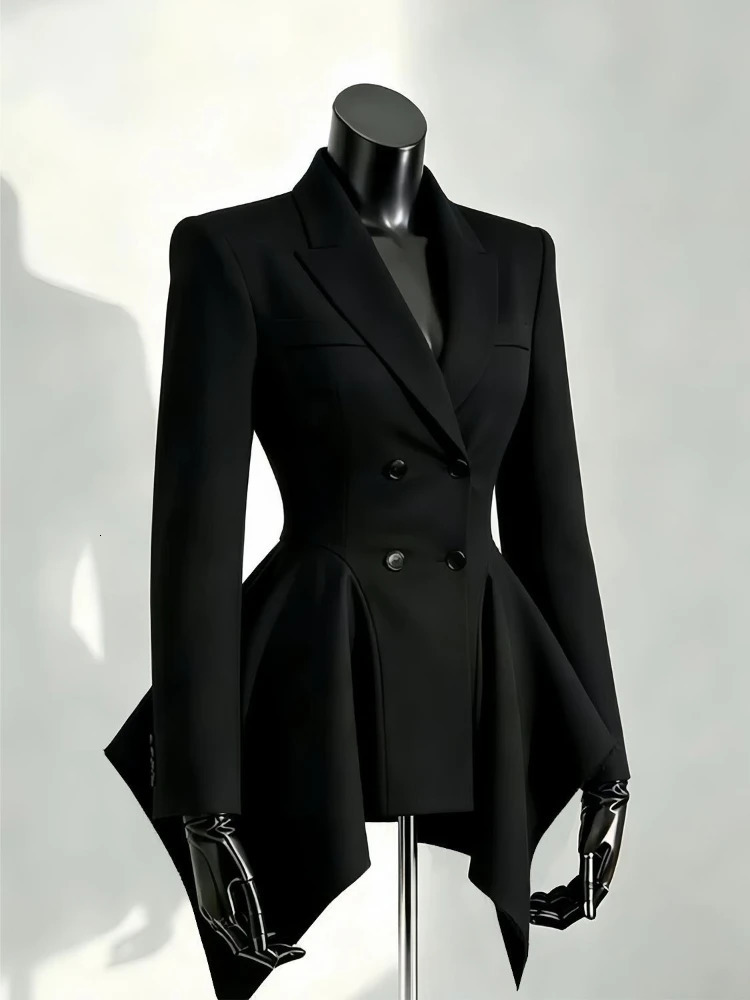 Elegant Autumn Unique Black Blazer Jacket Women Korean Fashion Double Breasted Waist Cinched Irregular Hem Office Casual Outfit 260924
