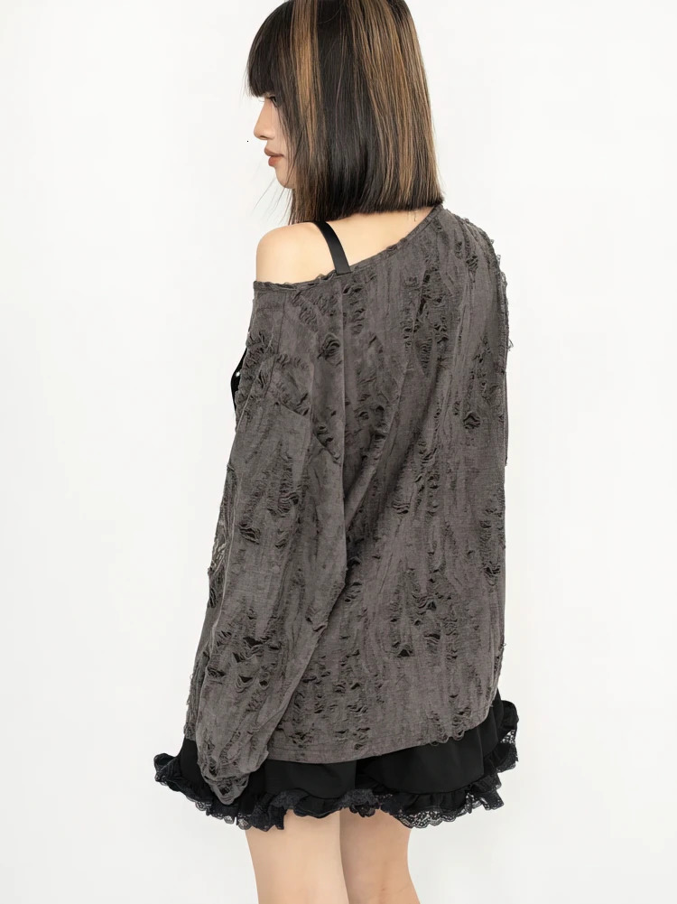 Y2k Long sleeve T shirt Women Off shoulder Oversize Tops Female Spring Autumn Vintage Holes Basic Tees Streetwear Chic 260920 - view 7