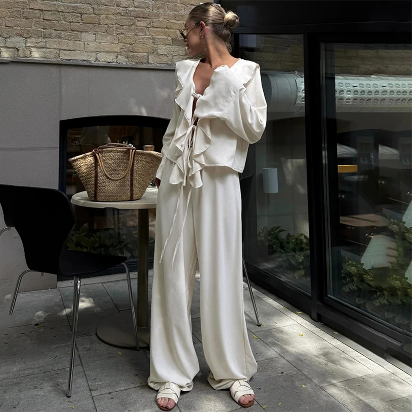 Linad Casual Loose Apricot Outfits Fashion Ruffles Flare Sleeve Blouse With High Waist Pant 2 Piece Sets Summer Long Pants Suits 260922 - view 3