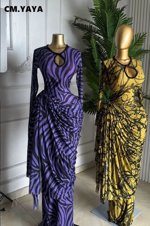 CM.YAYA Women Striped Print Ribbon Ruched Long Sleeve Bodycon Maxi Long Dress 2026 Sexy Birthday Party Education Trendy Dresses 260922 - view 6