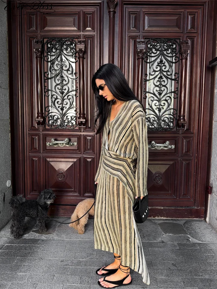 Linen-feel Vertical Stripe Long Sleeve Wrap Maxi Dress V Neck Asymmetrical Hem Vacation Dress Suitable For Daily Commute Wear 260922 - view 3