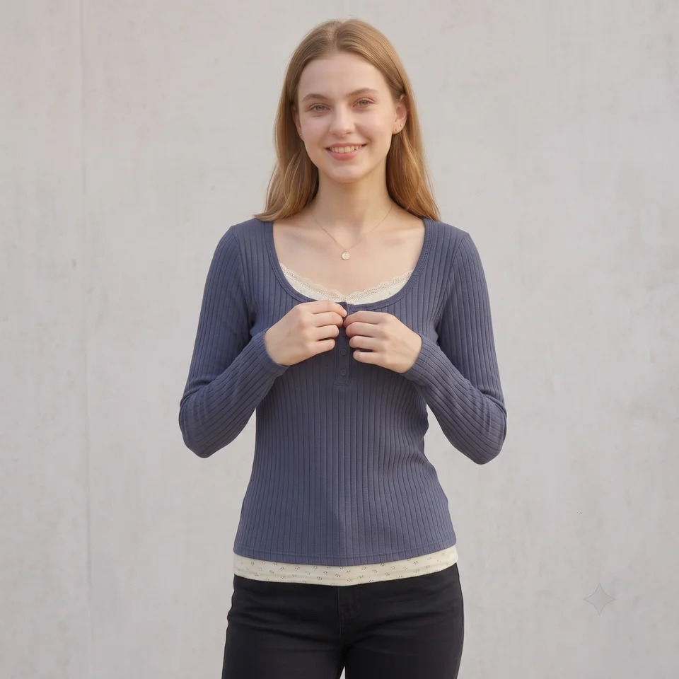 Women Vintage Faux Two-Piece Lace Patchwork T-Shirt Ribbed Knit Long Sleeve Top Square Neck Button Slim Y2K Casual Fall Tee 260920 - view 6
