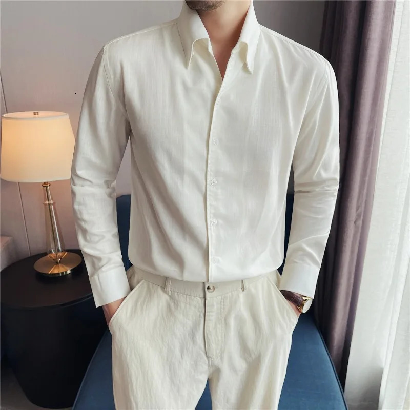 100% Lyocell Breathable Shirts for Men Clothes Business Social Formal Wear Solid Color Slim Fit Thin Long Sleeve Dress Shirt 260922 - view 4