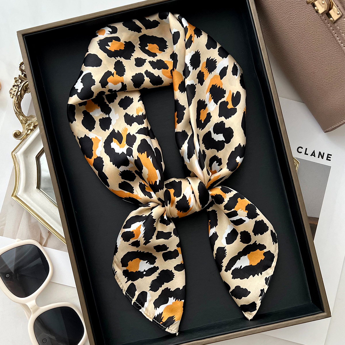 2026 new American retro leopard print silk scarf, thin square women, perfect spring autumn, versatile for decoration and as a warmer or small neck sca