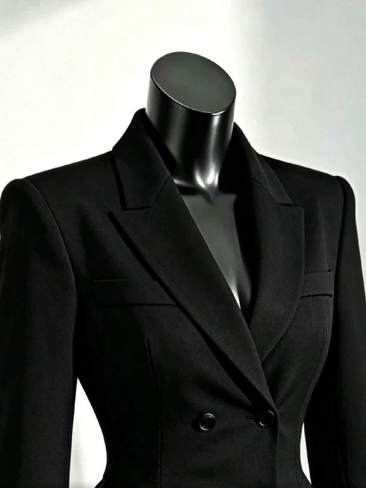 Elegant Autumn Unique Black Blazer Jacket Women Korean Fashion Double Breasted Waist Cinched Irregular Hem Office Casual Outfit 260924 - view 4