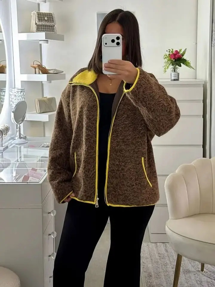 Cozy Women Elegant Blocking Knitted Cropped Cardigan Lapel Full Sleeves Zipper Pockets Loose Sweaters Lady Winter Daily Wears 260920 - view 7