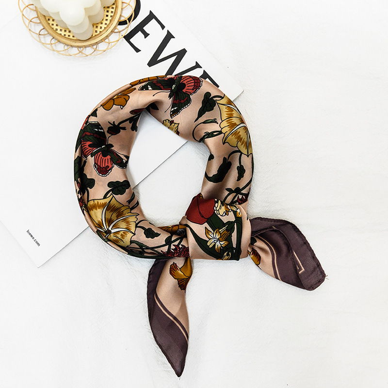 Color-blocked 70cm square scarf, fashionable new design, made of faux silk with floral patterns, simple and lightweight, a small scarf or neckerchief - view 3