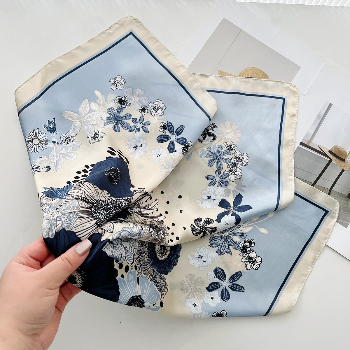 Chinese-style floral print silk versatile and elegant shawl, perfect for sun protection, can be worn around the neck, small square scarf, or as headsc - view 5