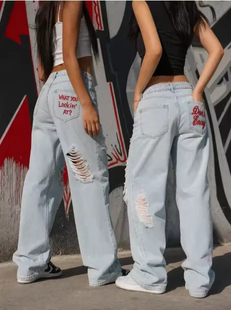 Women Y2K High Waist Ripped Jeans "What You Lookin At" Print Light Blue Straight Leg Streetwear Denim Pants 260922 - view 6