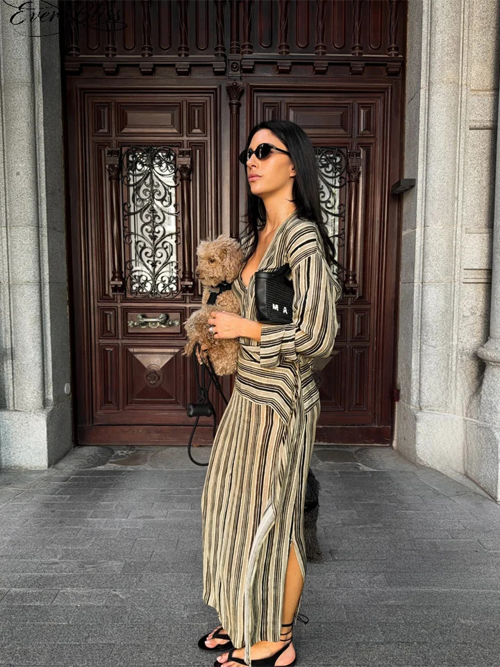 Linen-feel Vertical Stripe Long Sleeve Wrap Maxi Dress V Neck Asymmetrical Hem Vacation Dress Suitable For Daily Commute Wear 260922 - view 4