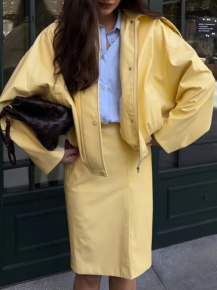 Casual Solid Jacket Skirt Set Women Lapel Button Zippers Coat Mid Split Hip Package Skirts Sets Female 2026 Autumn Lady Outfit 260924