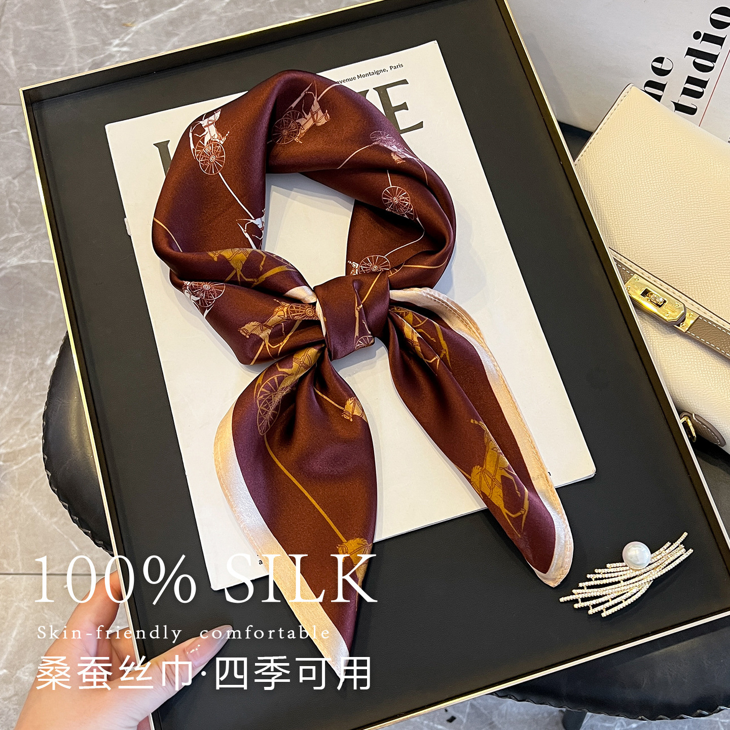 100% mulberry silk square women's ethnic style, featuring horse-drawn carriage print, 70% silk, high-quality scarf, shawl, perfect as a gift