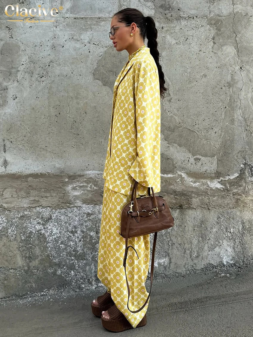 Clacive Fashion Loose Print Women's Two Pieces Set Elegant Long Sleeve Blouse With High Waist Wide Pants Set Female Streetwear 260922 - view 5