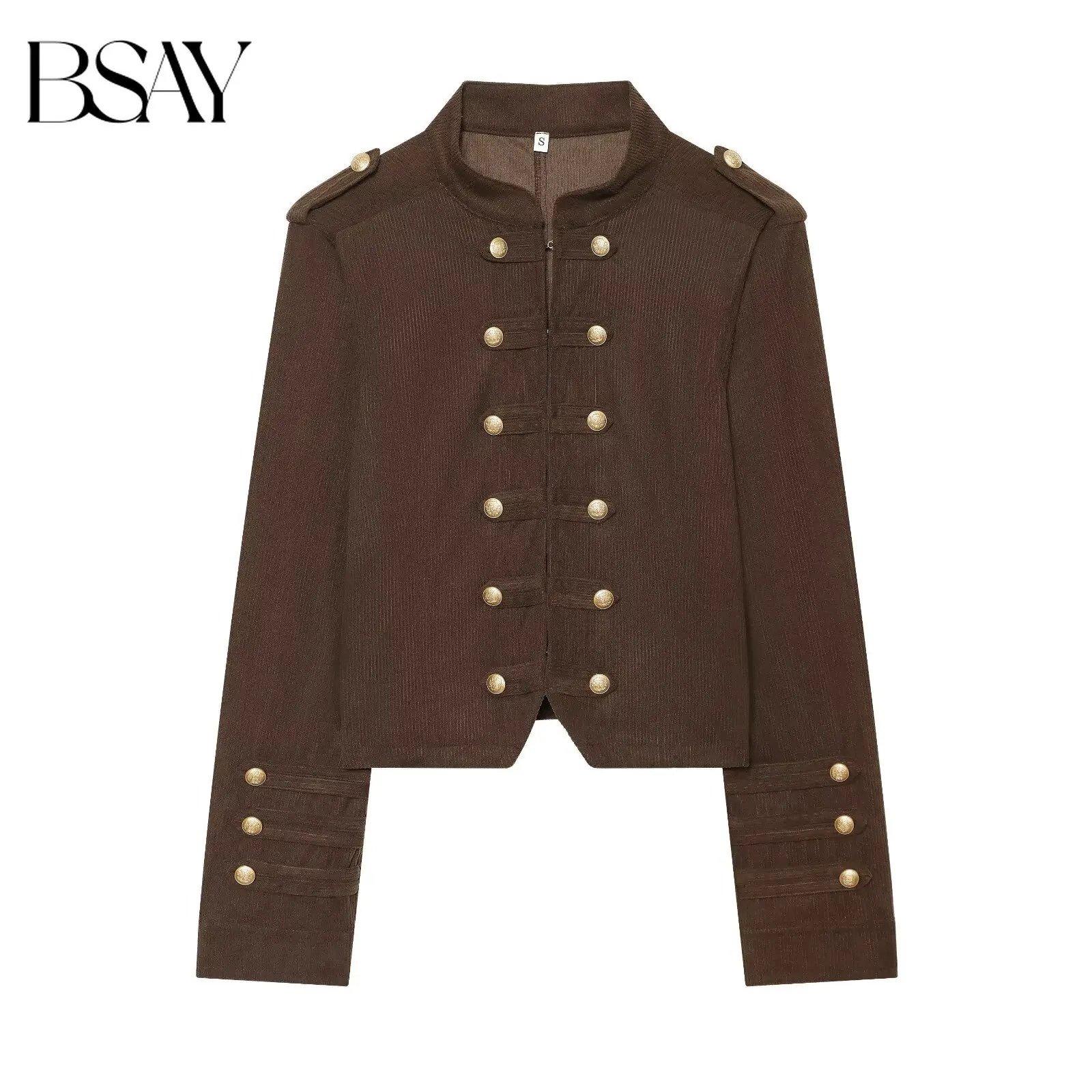 BSAY Cropped Napoleon Military Jacket Women Stand Collar Double Breasted Metal Buttons Corduroy Slim Fitted Vintage Outerwear 260924