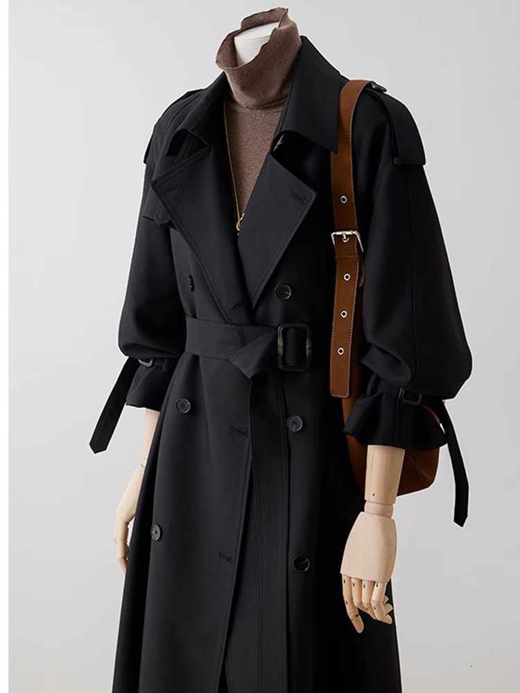 Lautaro Spring Autumn Oversized Khaki Long Trench Coat for Women Double Breasted Loose Casual Black Korean Fashion Overcoat 2025 - view 6