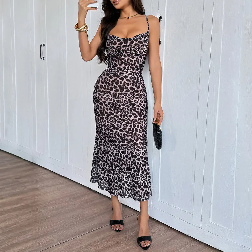 Summer Sexy Leopard Print Bodycon Backless Sling Dress Midi Length Women 260924 - view 5