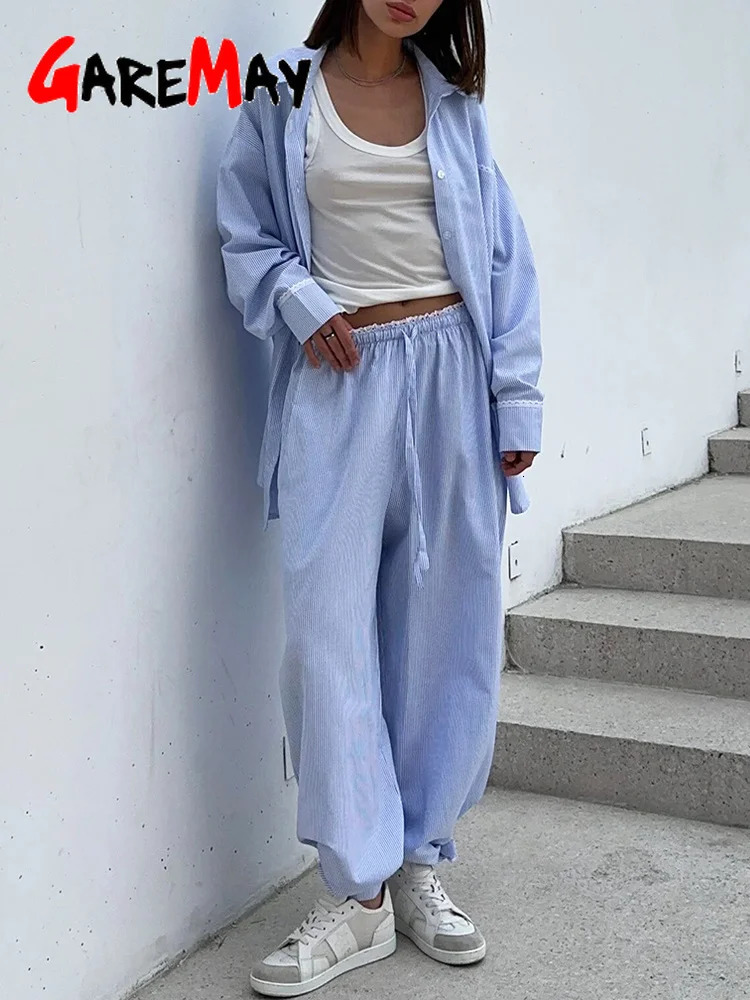 Women's Summer Suit with Trousers and Shirt Cotton Classic Two-piece Suit Female Long Sleeve Shirt Pink Striped Suit for Women 260922 - view 6