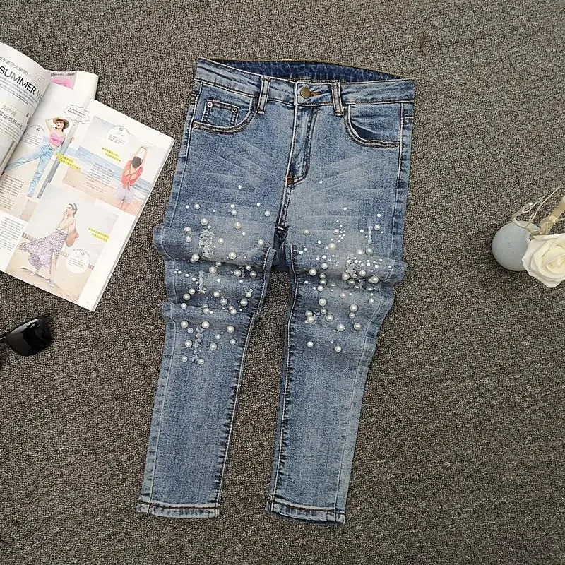 VWBQNZ Nailed Bead Jeans Women Spring/Summer Versatile Hole Breaking Elastic Skinny Pencil Pants Female Casual Denim Pants 260922 - view 4