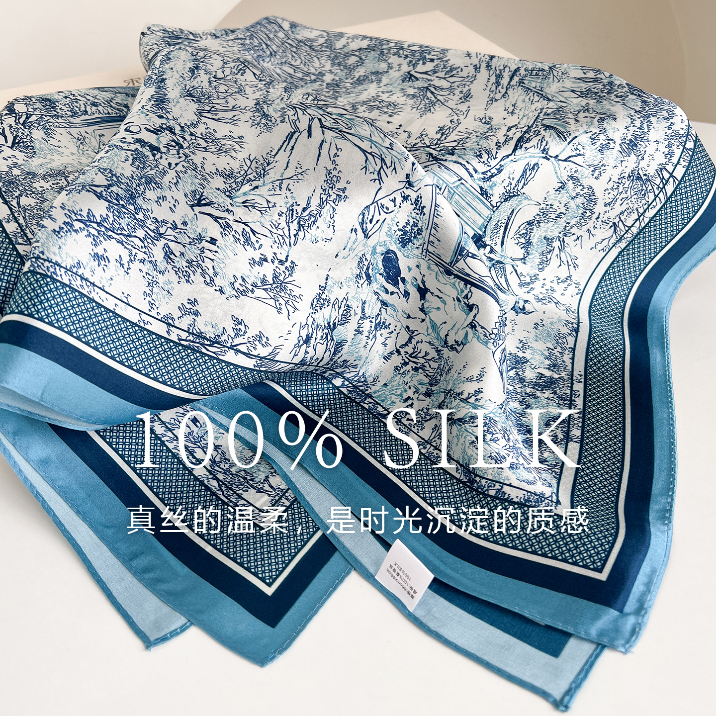 100% pure silk, 70x70 cm, mulberry square women's blue-toned printed silk scarf, shawl, suitable for pairing with suits and shirts, versatile sca