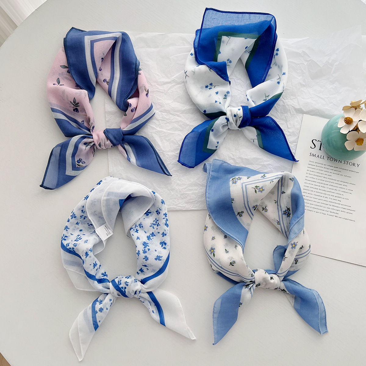 Artistic small square spring summer silk for women, versatile Korean-style stylish headscarf, thin fashion decorative hairband, neck scarf, and scarf