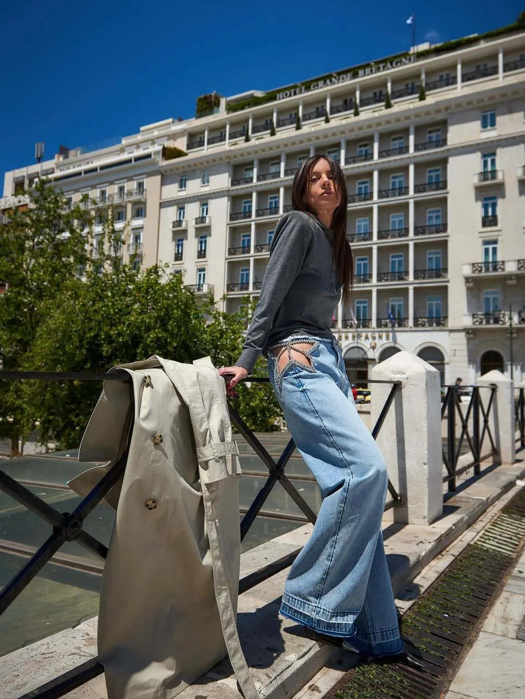Light Blue Washed Wide Leg Jeans Women Star Cutout Rhinestone Waist Detail High Waist Baggy Denim Pants Y2K Streetwear 260924 - view 5