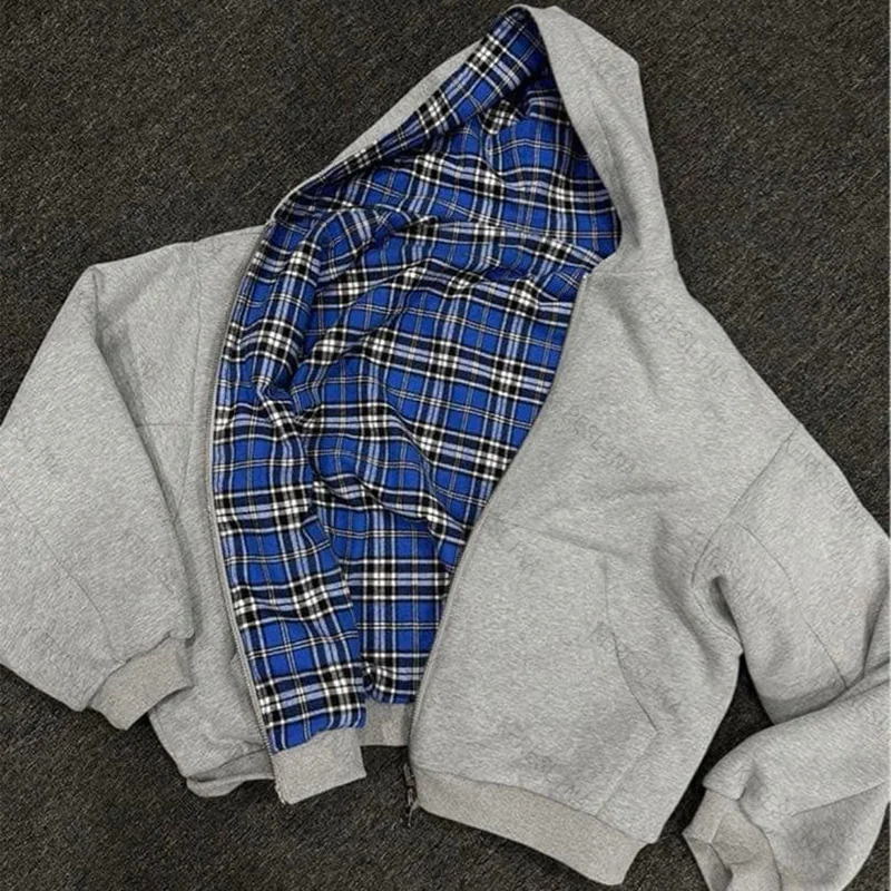Reversible Zip Up Hoodie Plaid Pattern Cropped Long Sleeve Loose Fit Y2K Streetwear Casual Sweatshirt 260924 - view 5