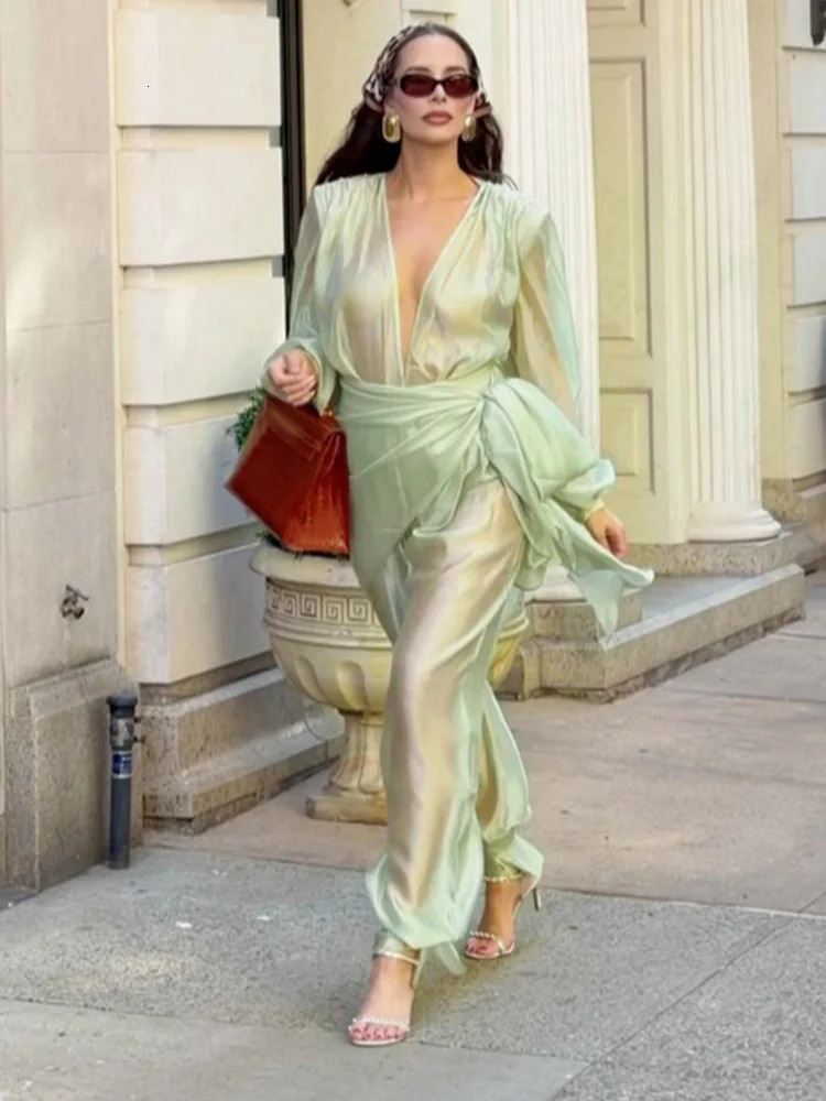 Transparent Deep Vneck Womens Jumpsuit Green Long Sleeve Tapered Pants Lady Fashion Elegant Female Rompers 2026 Summer 260924 - view 5