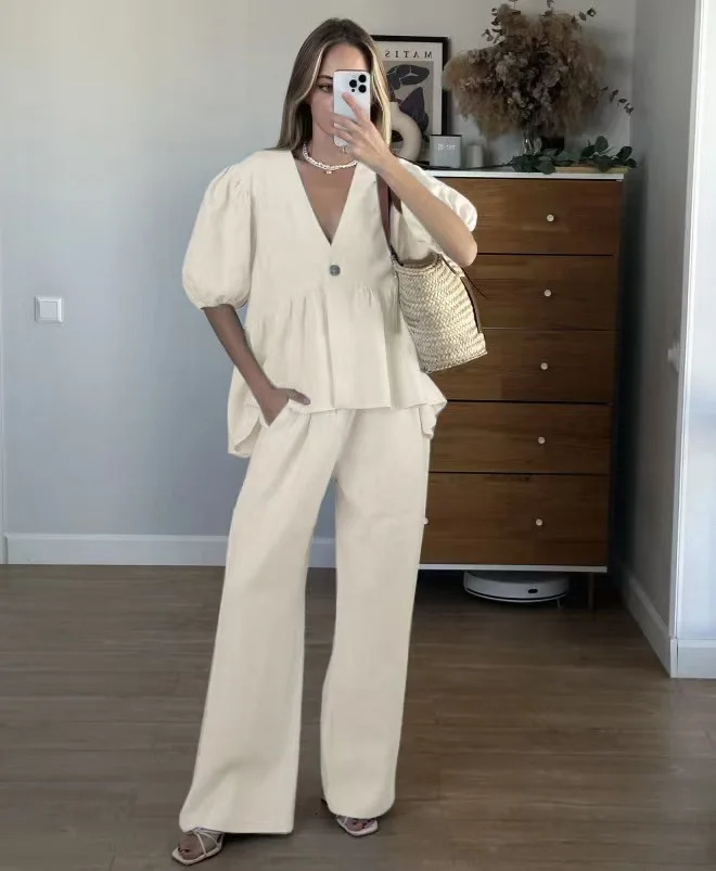 Women Solid Color V-Neck Bubble Short-Sleeved Trousers Suit Summer Women Short T-Shirt Top Long Pants Two Peice Sets 260922 - view 4