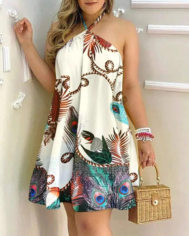 Women's 2026 Tropical Leaf Print Halter Neck Mini Dress Sleeveless Backless A-Line Summer Beach Sundress Casual 260922 - view 3