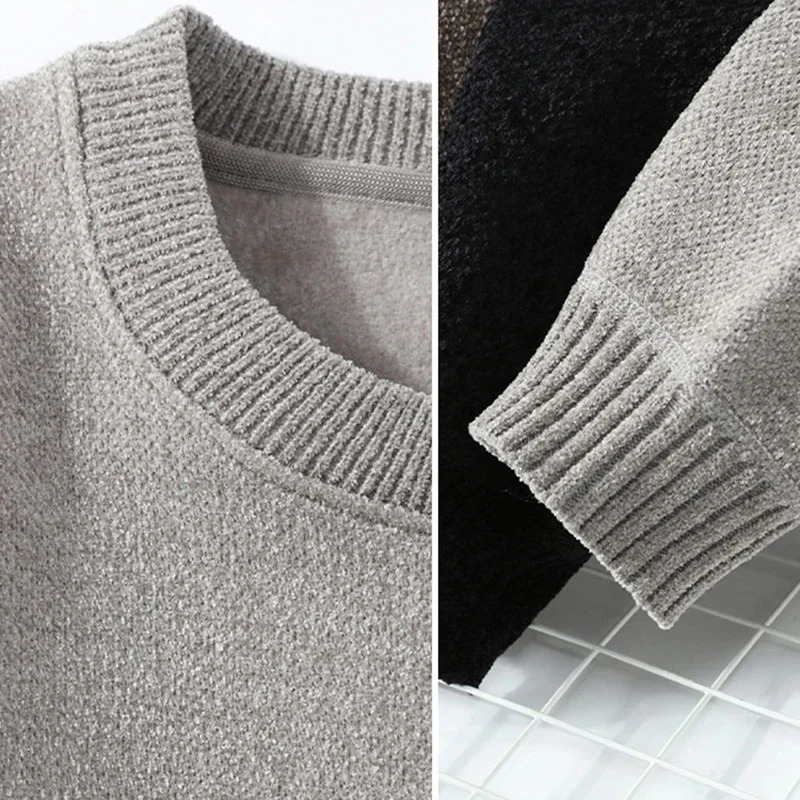 Lightweight Fleece Lined Thickened Sweater Men's Long Sleeve Knit Pullover Sweater Autumn Winter Thermal Warm Classic Sweater 260920 - view 5