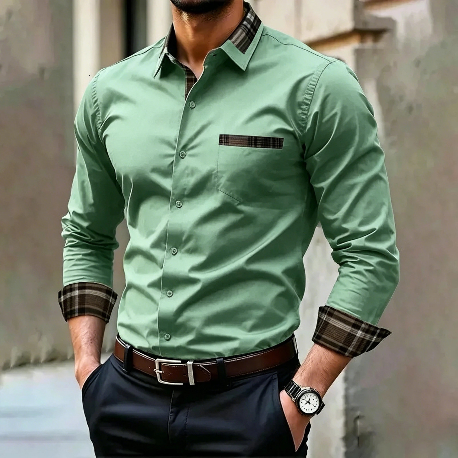 Men's Business Casual Shirt Plaid Patchwork Long Sleeve Dress Shirt Slim Fit Button Down Formal Office Blouse for Men White Red 260922 - view 4