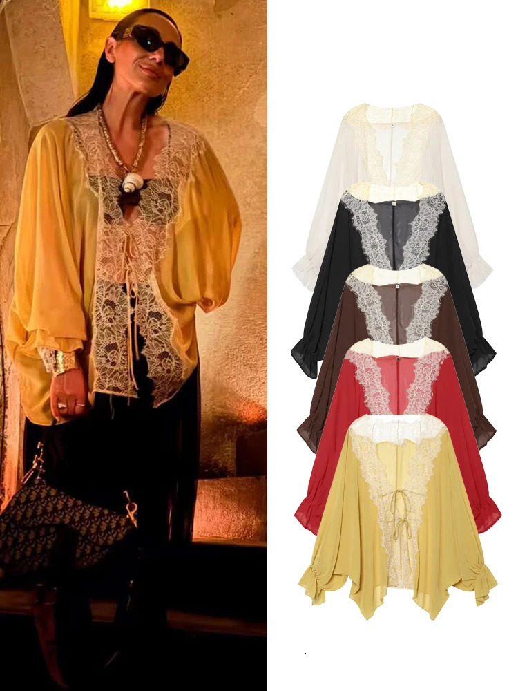 TFMLN Womens Lace Sheer Blouses Elegant Sexy Lace Up Hollow Long Sleeve V Neck Loose Fit Female Leisure Shirts Summer 260924