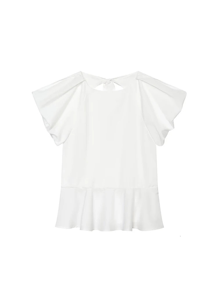 TFMLN Chic Women Blouse Round Neck Short Puff Sleeve Bow Decoration Folds Solid Shirts Fashion 2026 Summer Holiday Blouse 260924 - view 3