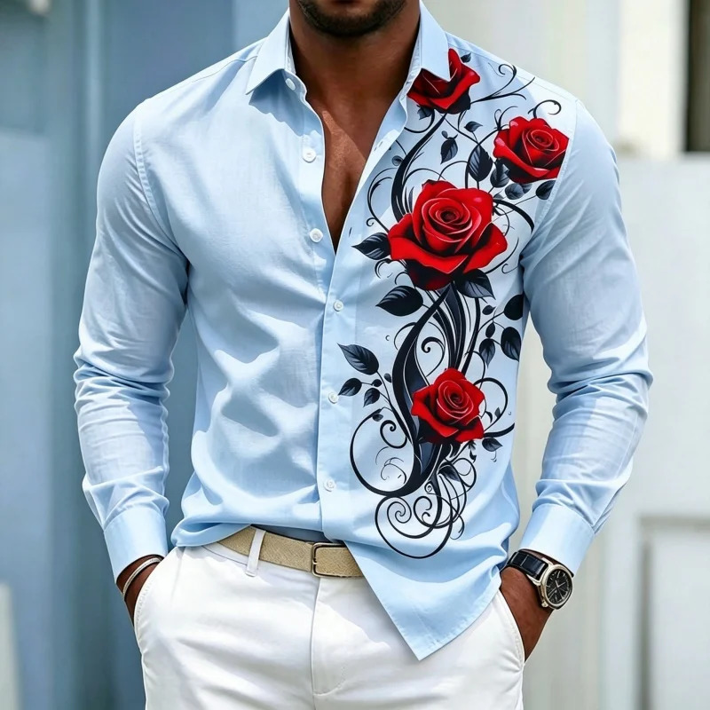 Men's shirt solid color lapel long sleeved with red rose vine pattern printed on one side slim fit casual trend 260923 - view 3
