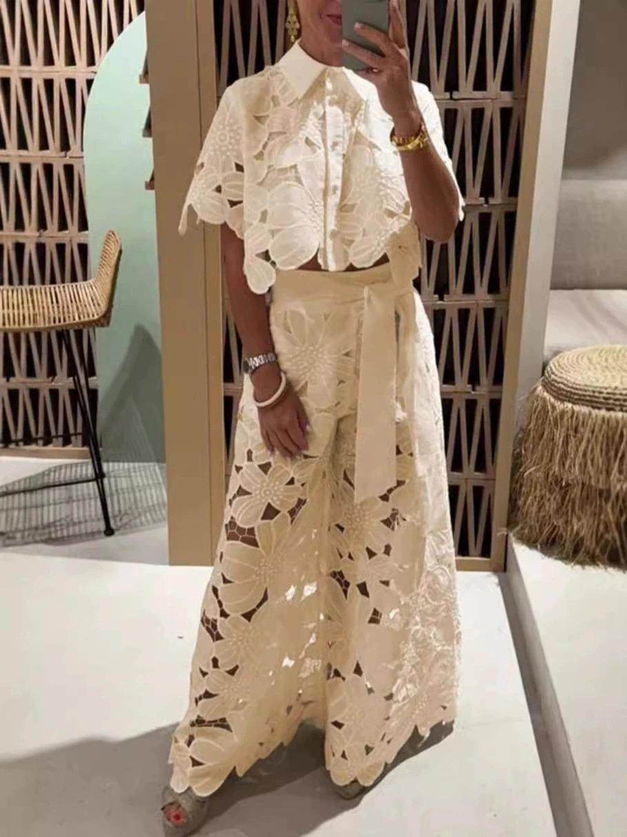 Women Set Short Sleeved Blouse Tops Tie-up Pants Two Peics set Lace Outfit Embroidery Retro Hollow Temperament Suit 260922 - view 3