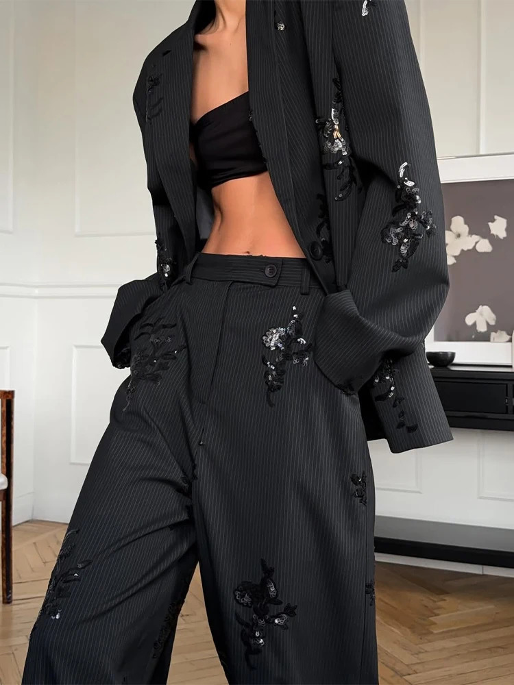 Black Sequin Embroidery Blazer 2 Piece Set Women Chic Full Sleeve Lapel V-neck Loose Wide Leg Pants Suit Lady Spring Autumn Wear 260922 - view 7