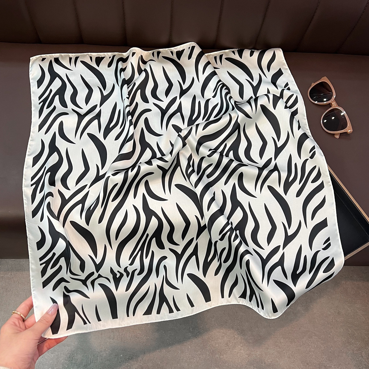 New European American zebra-patterned faux silk scarf, square scarf for women, versatile, light luxury, sun-protective shawl and headscarf - view 5