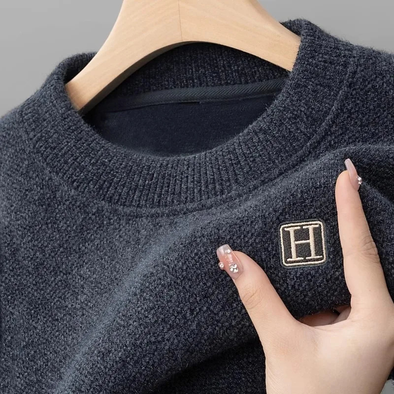 Lightweight Fleece Lined Thickened Sweater Men's Long Sleeve Knit Pullover Sweater Autumn Winter Thermal Warm Classic Sweater 260920 - view 3