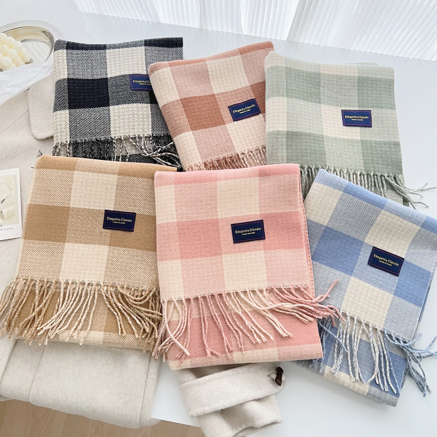 2026 Autumn/Winter New Versatile Korean-Style Scarf for Women, Thick Knitted Tassel Warm Neck Warmer, Imitation Cashmere Plaid Shawl