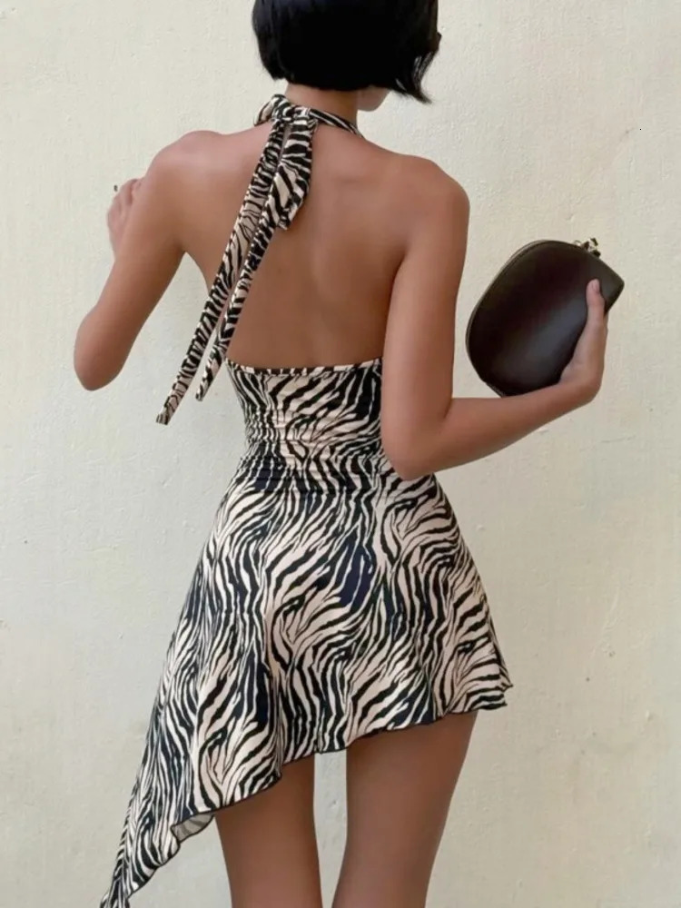 Blifanbo Leopard Print Sexy Mini Dress Women Irregular Halter Neck Backless Sleeveless Offshoulder Laceup Club Party Dress 260924 - view 3
