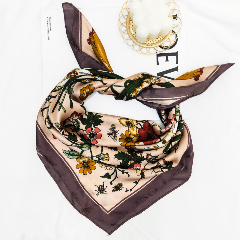 Color-blocked 70cm square scarf, fashionable new design, made of faux silk with floral patterns, simple and lightweight, a small scarf or neckerchief - view 4
