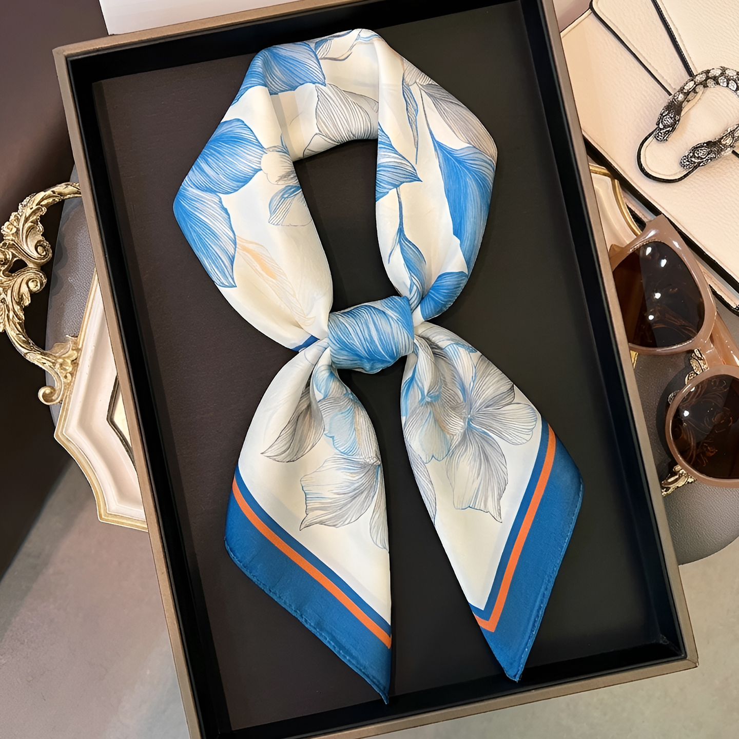 Chinese-style floral print faux silk small square scarf, versatile summer accessory for women, a lightweight and elegant neck scarf - view 5