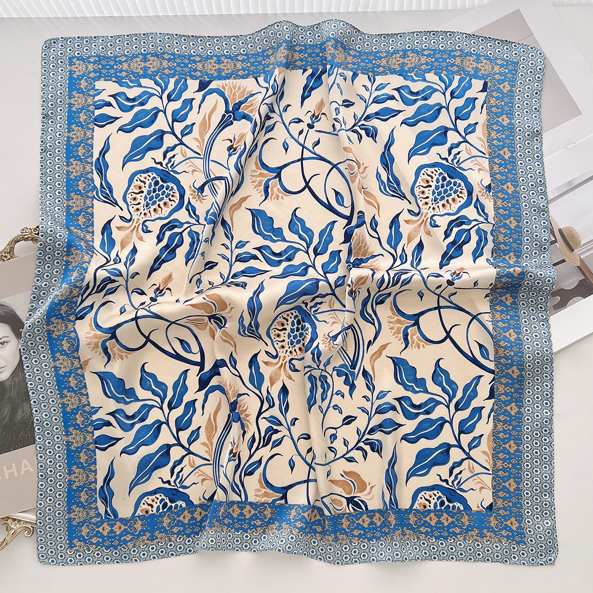 Summer blue leaf pattern silk scarf, new style women, with sophisticated look, practical gift for mothers, and a decorative scarf - view 5