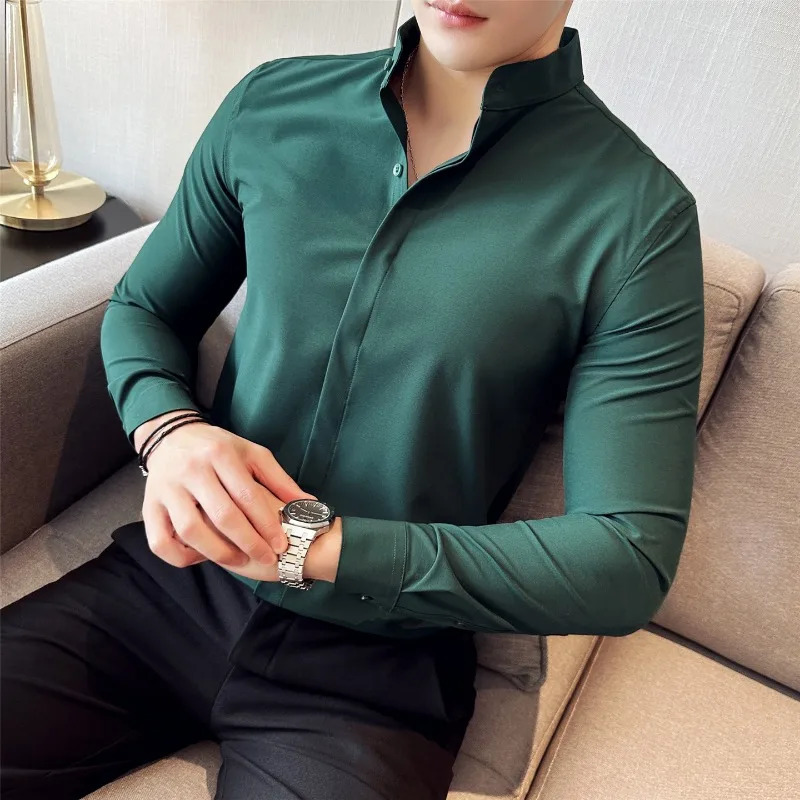 Men Dress Shirts British Style Stand Collar Formal Shirt Long Sleeve Business Casual Slim Fit Shirts Black White Men Clothing 260922 - view 6