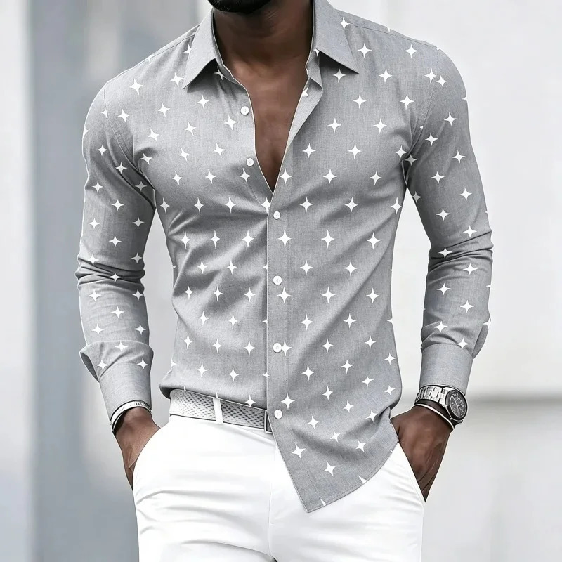 Men's Collared Long-Sleeved Shirt Classic Black Base with White Star Print Slim Fit Suitable for Commuting and Going out. 260923 - view 3