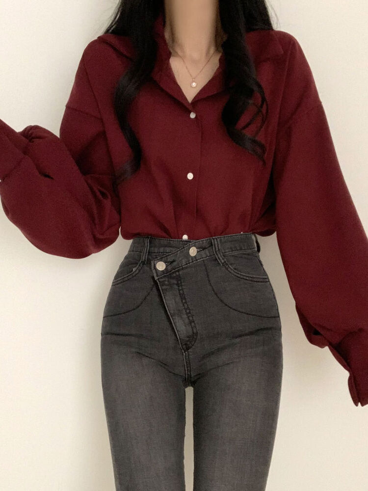 Elegant Red Women's Shirt Vintage Design Spring Fashion Inner Wear Chic Top Korean Style Sweet Loose Fit Long Sleeve Button up - view 5