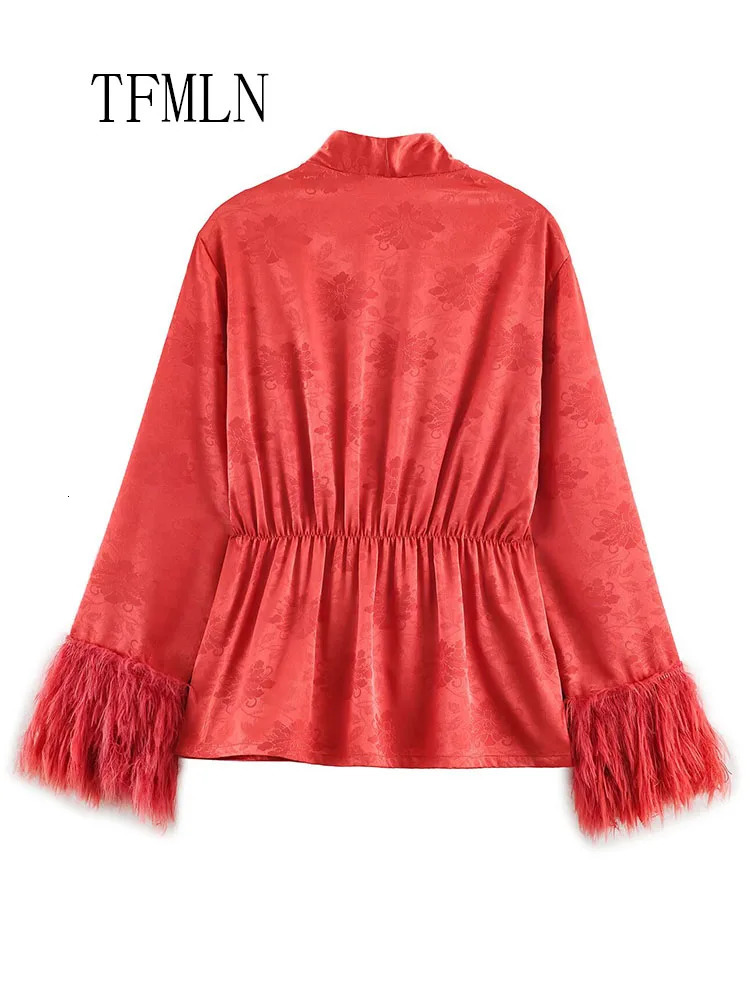 2026 Autumn Sweet Feather Full Sleeve Blouses For Women Fashion Causal Vneck High Street Tops Vintage Loose Solid Shirts 260924 - view 4