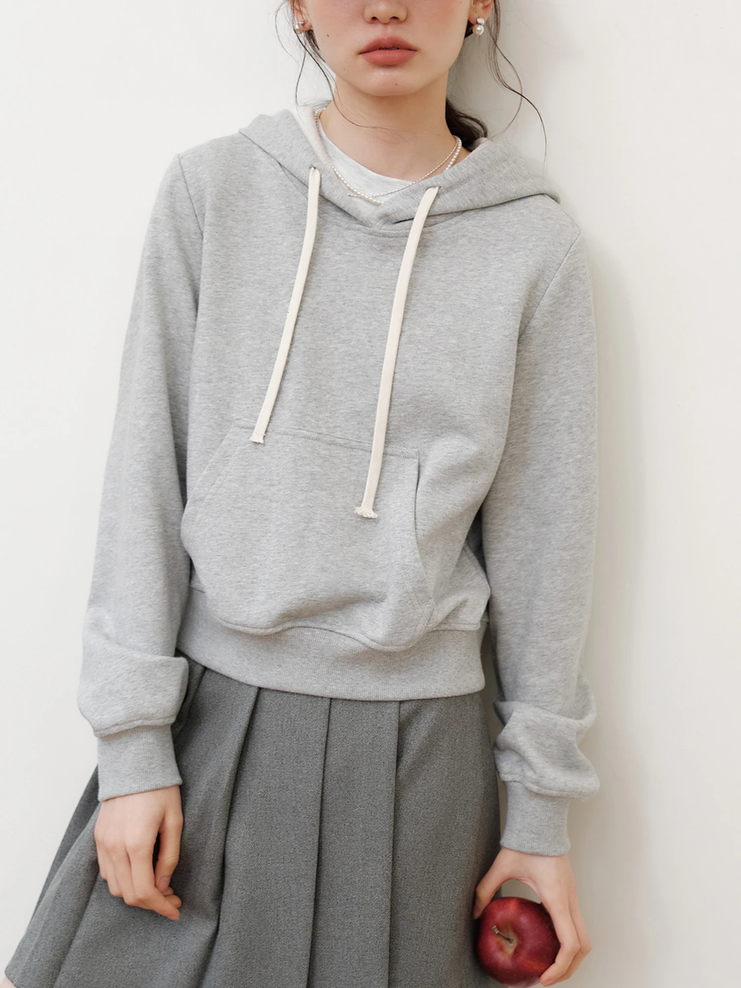 ZIQIAO Women Hoodies Grey Front Shoulder Short hooded Sweatshirts Drawstring n Autumn Beige Pullovers 24ZQ93262 260924