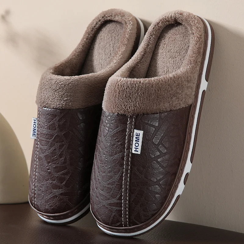 Mens Winter Slippers PU Leather Waterproof Indoor House Shoes Big Size Warm Fur Lined Home Bedroom Slippers 260918 - view 4