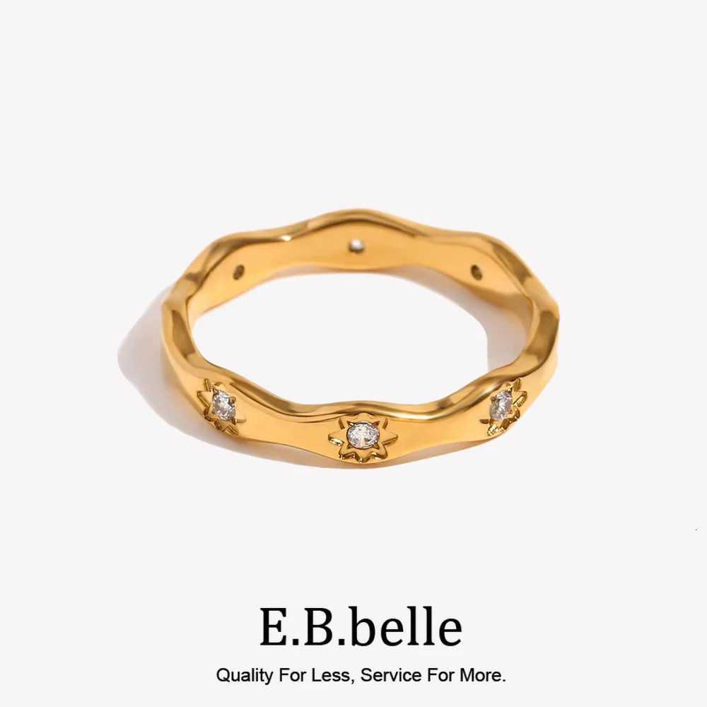 Rhinestone E.B.belle Band Eight Rings Awn Star Wave Shape Ring Stainless Steel 18k Gold Plated Exquisite Women Jewelry For Party Dating N260924 - view 3